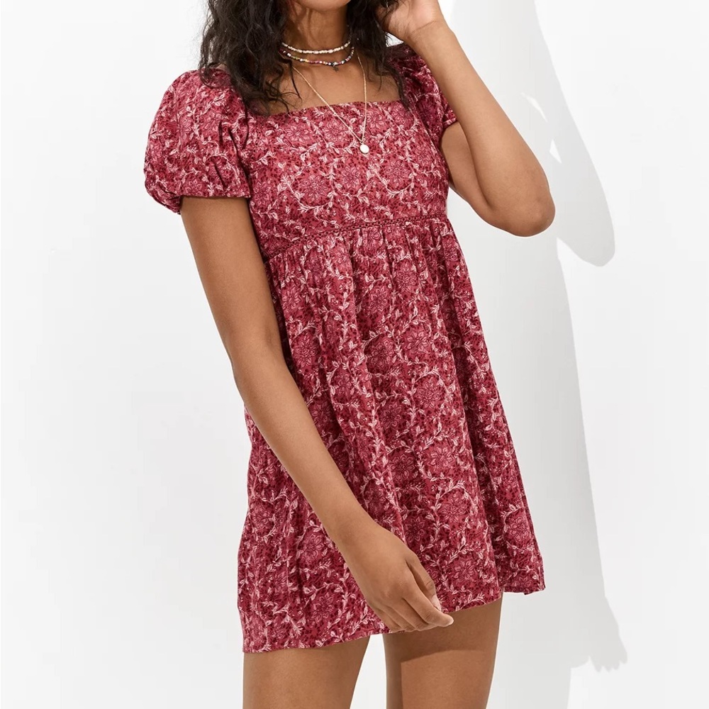 American Eagle - Puff Sleeve Babydoll Dress - Pink Floral - Size Medium